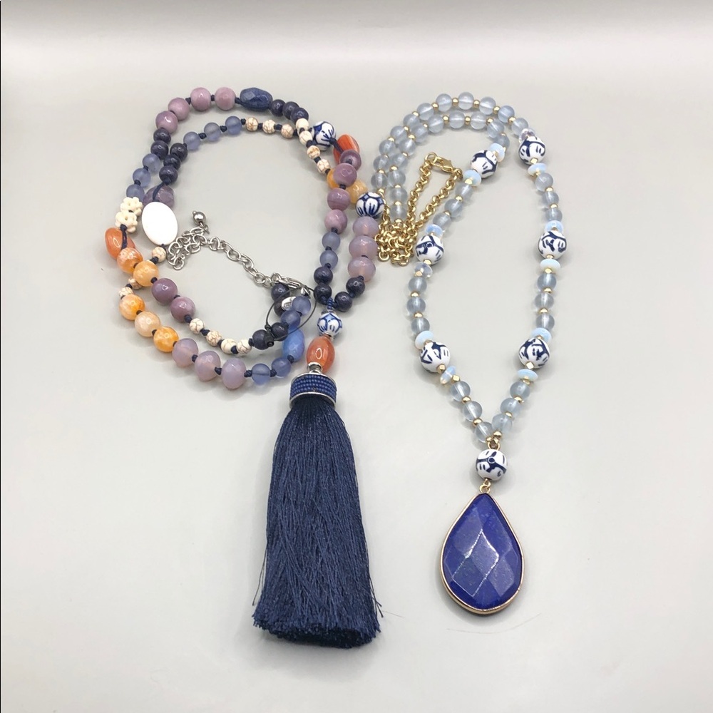 Chico's long beaded statement style tassel necklace + lapis stone pendant-layer